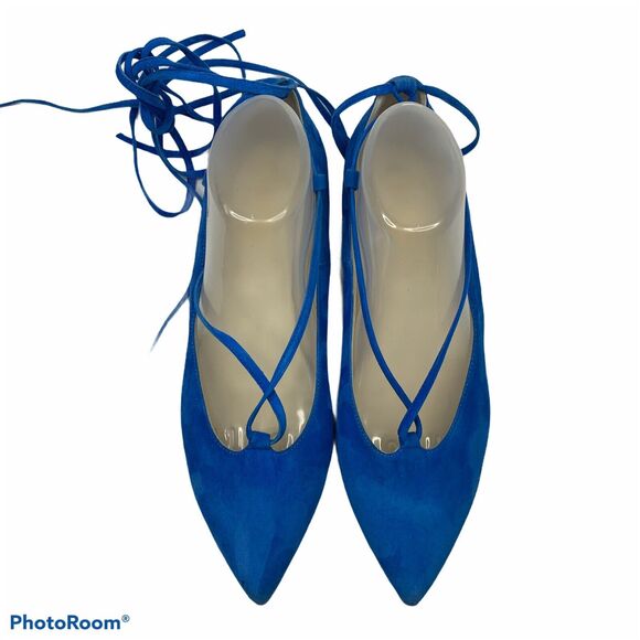 Butter Women’s 9.5 Ponpon Ballet Flats Lace Up Blue Suede Italy Italian Leather - Picture 1 of 11